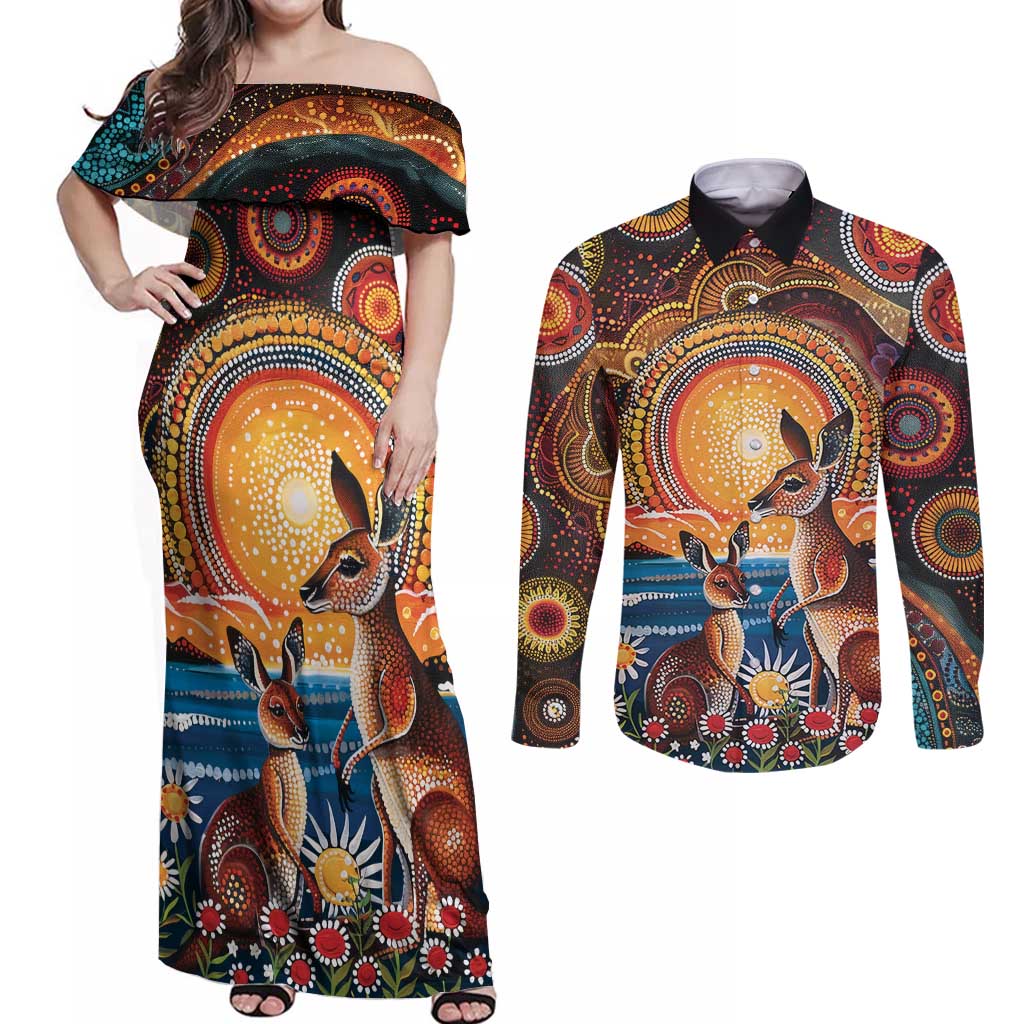 Australian Kangaroos Art Couples Matching Off Shoulder Maxi Dress and Long Sleeve Button Shirt Aboriginal Dot Painting