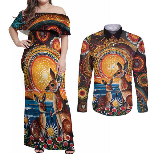 Australian Kangaroos Art Couples Matching Off Shoulder Maxi Dress and Long Sleeve Button Shirt Aboriginal Dot Painting