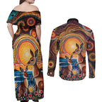 Australian Kangaroos Art Couples Matching Off Shoulder Maxi Dress and Long Sleeve Button Shirt Aboriginal Dot Painting