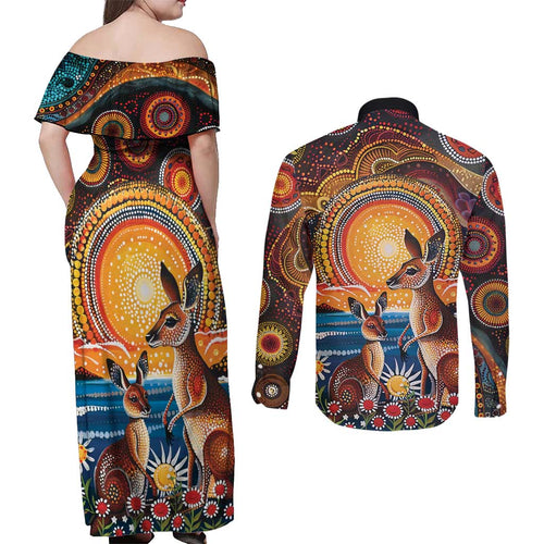 Australian Kangaroos Art Couples Matching Off Shoulder Maxi Dress and Long Sleeve Button Shirt Aboriginal Dot Painting