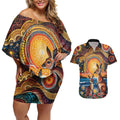 Australian Kangaroos Art Couples Matching Off Shoulder Short Dress and Hawaiian Shirt Aboriginal Dot Painting