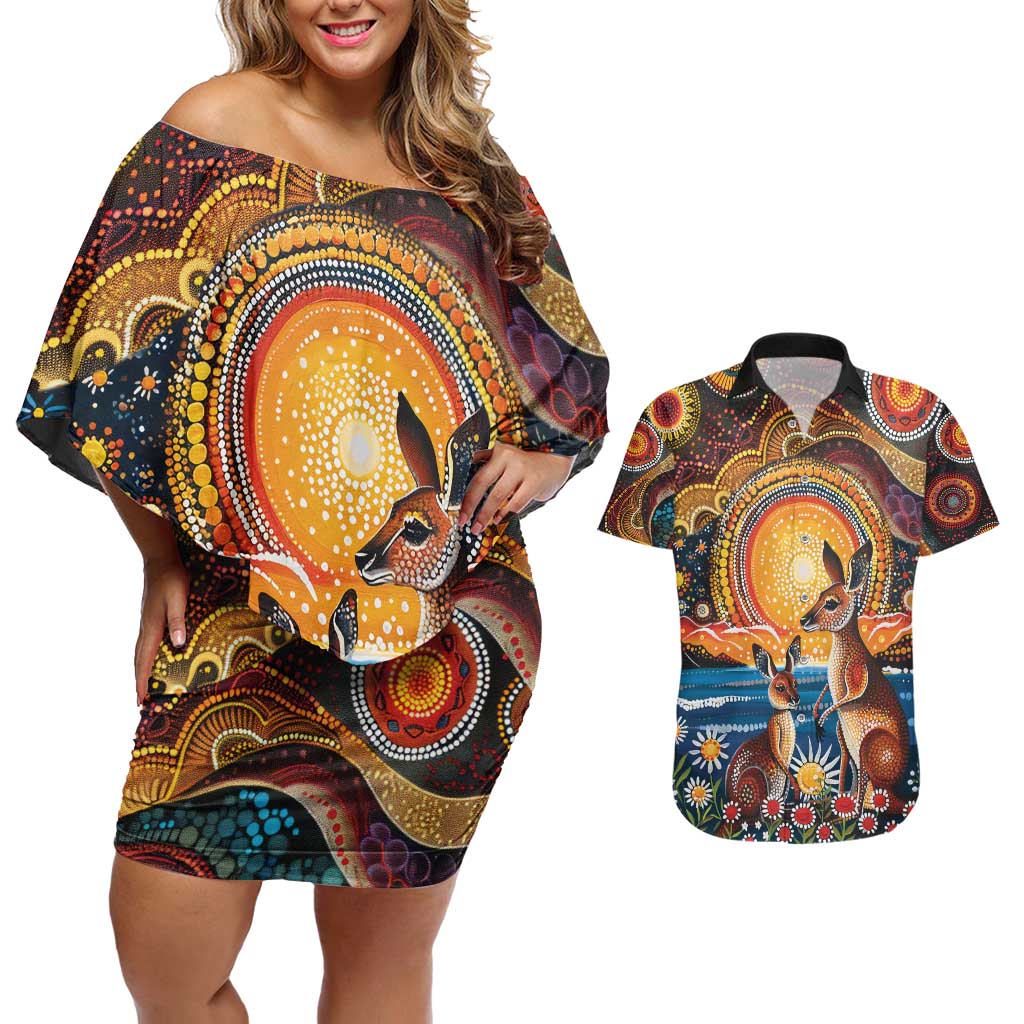 Australian Kangaroos Art Couples Matching Off Shoulder Short Dress and Hawaiian Shirt Aboriginal Dot Painting