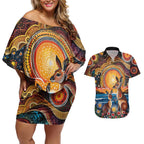 Australian Kangaroos Art Couples Matching Off Shoulder Short Dress and Hawaiian Shirt Aboriginal Dot Painting