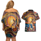 Australian Kangaroos Art Couples Matching Off Shoulder Short Dress and Hawaiian Shirt Aboriginal Dot Painting