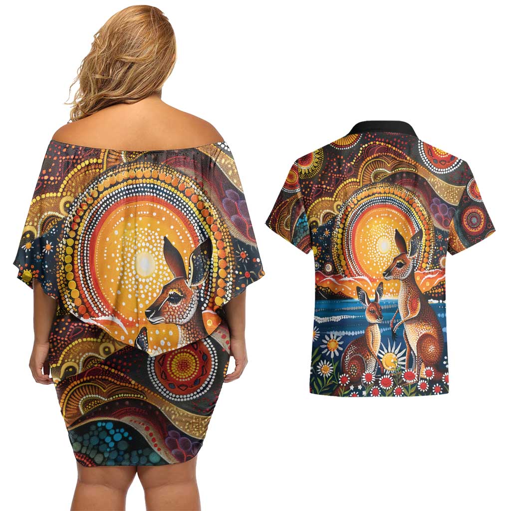 Australian Kangaroos Art Couples Matching Off Shoulder Short Dress and Hawaiian Shirt Aboriginal Dot Painting