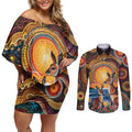 Australian Kangaroos Art Couples Matching Off Shoulder Short Dress and Long Sleeve Button Shirt Aboriginal Dot Painting
