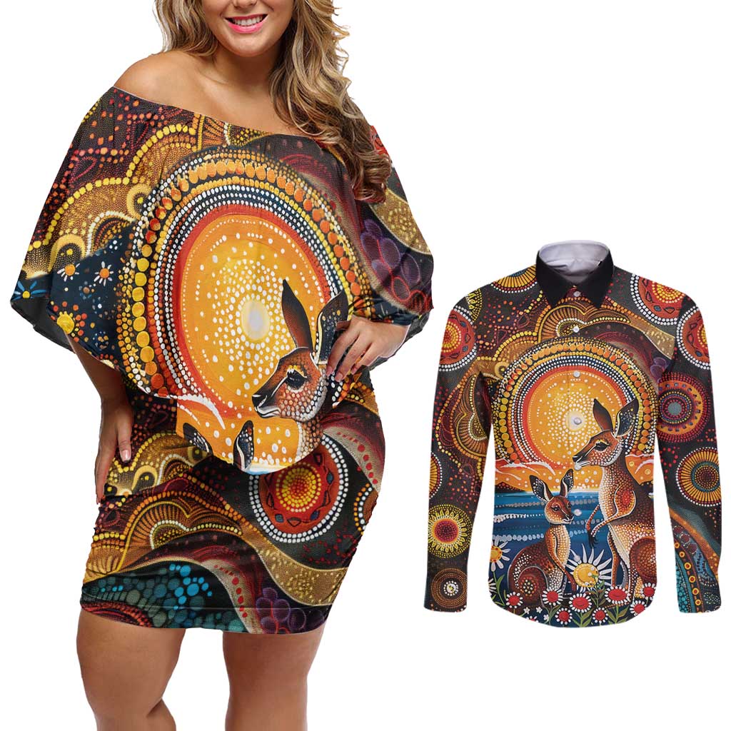 Australian Kangaroos Art Couples Matching Off Shoulder Short Dress and Long Sleeve Button Shirt Aboriginal Dot Painting