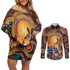 Australian Kangaroos Art Couples Matching Off Shoulder Short Dress and Long Sleeve Button Shirt Aboriginal Dot Painting