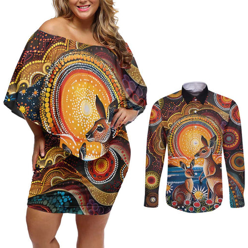 Australian Kangaroos Art Couples Matching Off Shoulder Short Dress and Long Sleeve Button Shirt Aboriginal Dot Painting