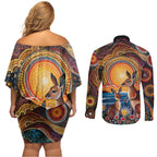 Australian Kangaroos Art Couples Matching Off Shoulder Short Dress and Long Sleeve Button Shirt Aboriginal Dot Painting