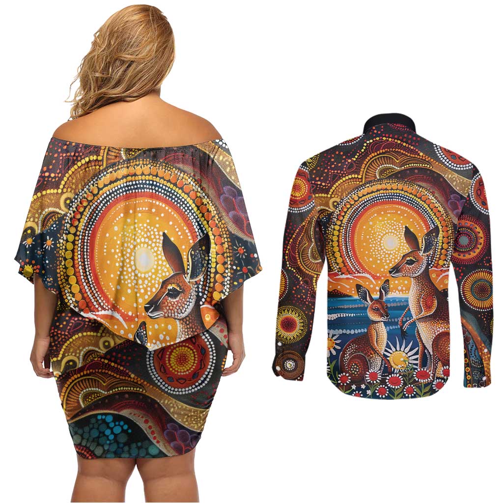 Australian Kangaroos Art Couples Matching Off Shoulder Short Dress and Long Sleeve Button Shirt Aboriginal Dot Painting