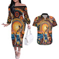 Australian Kangaroos Art Couples Matching Off The Shoulder Long Sleeve Dress and Hawaiian Shirt Aboriginal Dot Painting