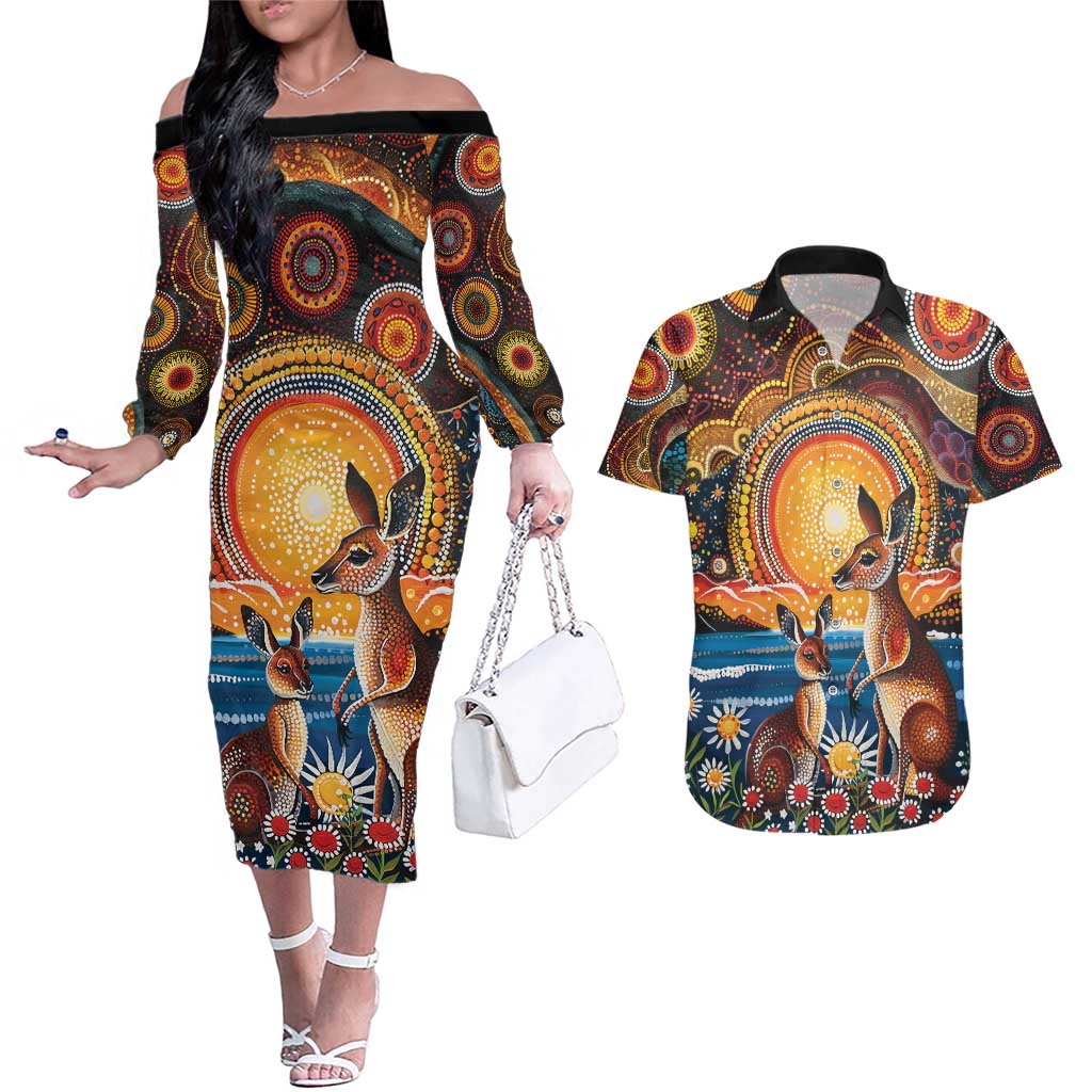 Australian Kangaroos Art Couples Matching Off The Shoulder Long Sleeve Dress and Hawaiian Shirt Aboriginal Dot Painting