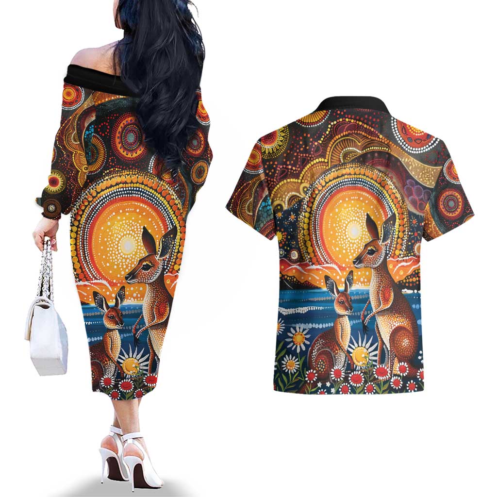 Australian Kangaroos Art Couples Matching Off The Shoulder Long Sleeve Dress and Hawaiian Shirt Aboriginal Dot Painting