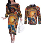 Australian Kangaroos Art Couples Matching Off The Shoulder Long Sleeve Dress and Long Sleeve Button Shirt Aboriginal Dot Painting