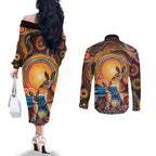Australian Kangaroos Art Couples Matching Off The Shoulder Long Sleeve Dress and Long Sleeve Button Shirt Aboriginal Dot Painting