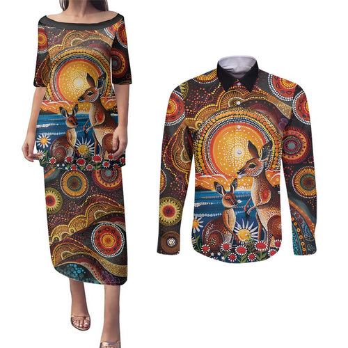 Australian Kangaroos Art Couples Matching Puletasi and Long Sleeve Button Shirt Aboriginal Dot Painting