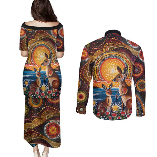 Australian Kangaroos Art Couples Matching Puletasi and Long Sleeve Button Shirt Aboriginal Dot Painting