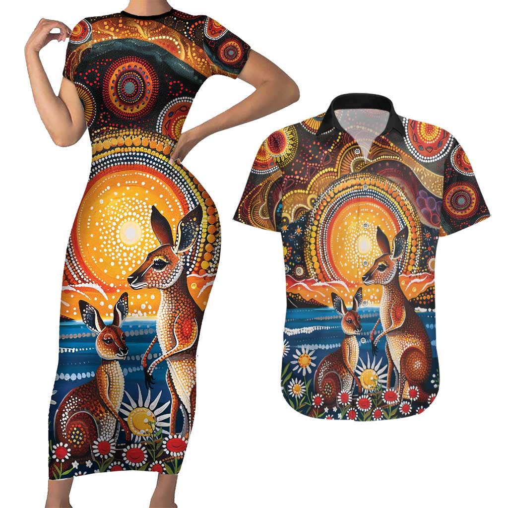Australian Kangaroos Art Couples Matching Short Sleeve Bodycon Dress and Hawaiian Shirt Aboriginal Dot Painting