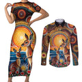 Australian Kangaroos Art Couples Matching Short Sleeve Bodycon Dress and Long Sleeve Button Shirt Aboriginal Dot Painting