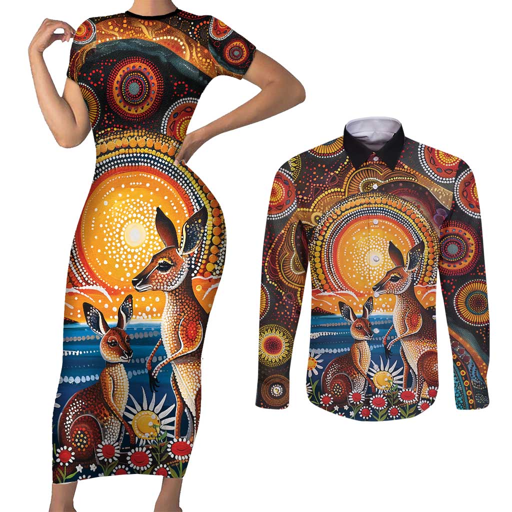 Australian Kangaroos Art Couples Matching Short Sleeve Bodycon Dress and Long Sleeve Button Shirt Aboriginal Dot Painting