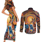 Australian Kangaroos Art Couples Matching Short Sleeve Bodycon Dress and Long Sleeve Button Shirt Aboriginal Dot Painting