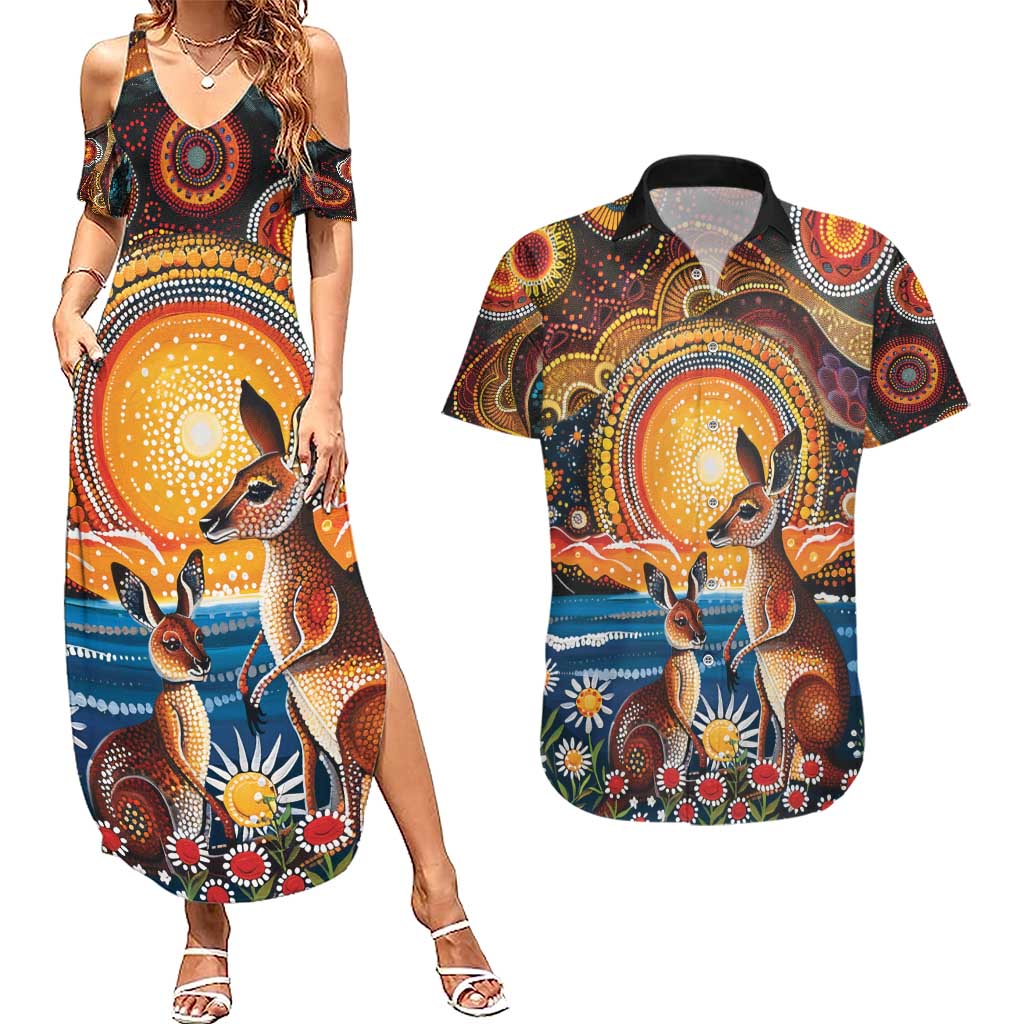 Australian Kangaroos Art Couples Matching Summer Maxi Dress and Hawaiian Shirt Aboriginal Dot Painting