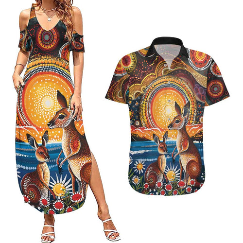 Australian Kangaroos Art Couples Matching Summer Maxi Dress and Hawaiian Shirt Aboriginal Dot Painting