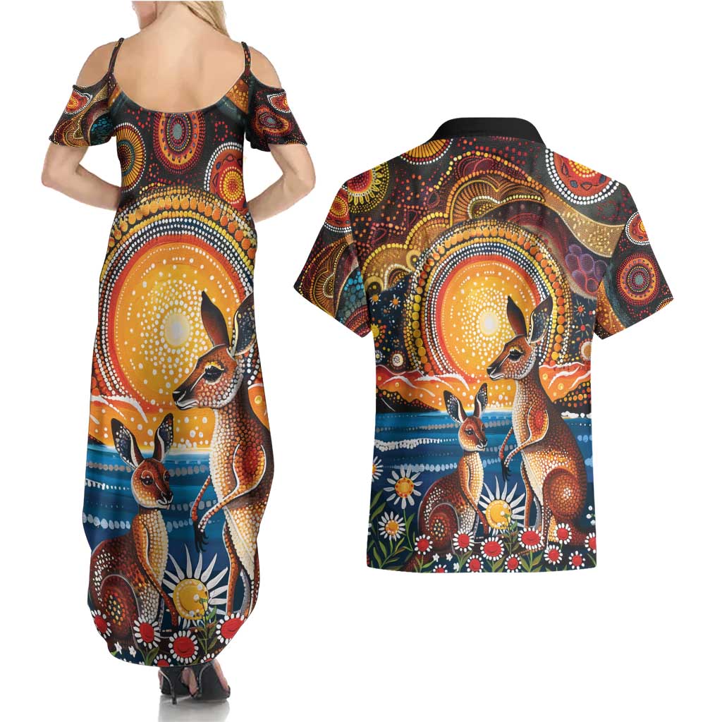 Australian Kangaroos Art Couples Matching Summer Maxi Dress and Hawaiian Shirt Aboriginal Dot Painting
