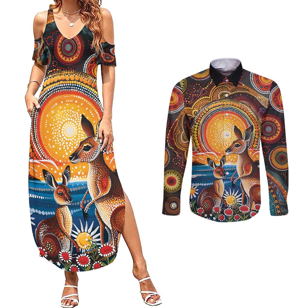 Australian Kangaroos Art Couples Matching Summer Maxi Dress and Long Sleeve Button Shirt Aboriginal Dot Painting