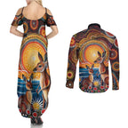 Australian Kangaroos Art Couples Matching Summer Maxi Dress and Long Sleeve Button Shirt Aboriginal Dot Painting