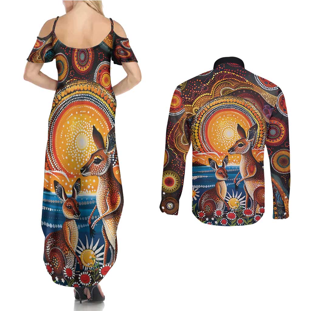 Australian Kangaroos Art Couples Matching Summer Maxi Dress and Long Sleeve Button Shirt Aboriginal Dot Painting