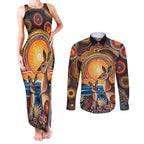 Australian Kangaroos Art Couples Matching Tank Maxi Dress and Long Sleeve Button Shirt Aboriginal Dot Painting