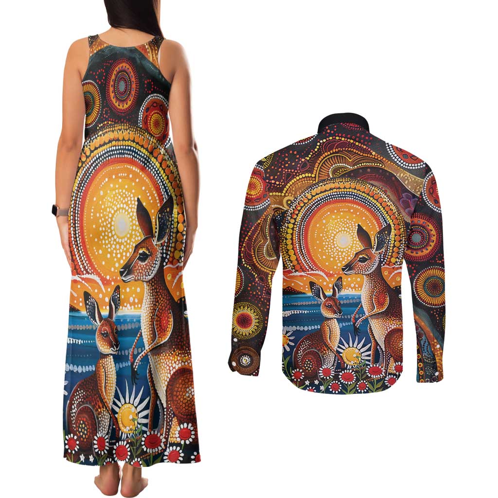 Australian Kangaroos Art Couples Matching Tank Maxi Dress and Long Sleeve Button Shirt Aboriginal Dot Painting