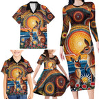 Australian Kangaroos Art Family Matching Long Sleeve Bodycon Dress and Hawaiian Shirt Aboriginal Dot Painting