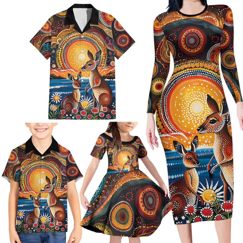Australian Kangaroos Art Family Matching Long Sleeve Bodycon Dress and Hawaiian Shirt Aboriginal Dot Painting