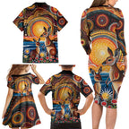 Australian Kangaroos Art Family Matching Long Sleeve Bodycon Dress and Hawaiian Shirt Aboriginal Dot Painting