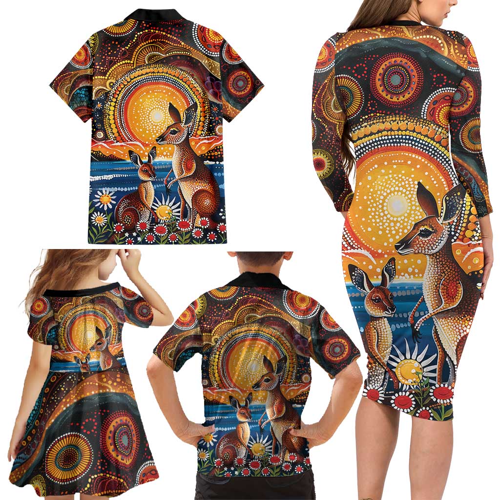 Australian Kangaroos Art Family Matching Long Sleeve Bodycon Dress and Hawaiian Shirt Aboriginal Dot Painting