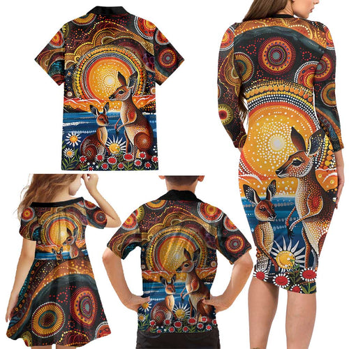 Australian Kangaroos Art Family Matching Long Sleeve Bodycon Dress and Hawaiian Shirt Aboriginal Dot Painting