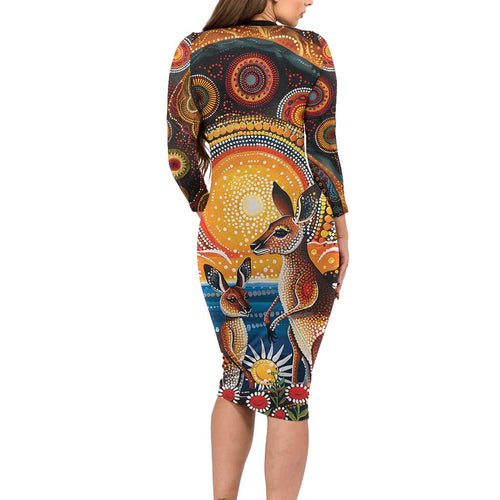 Australian Kangaroos Art Family Matching Long Sleeve Bodycon Dress and Hawaiian Shirt Aboriginal Dot Painting