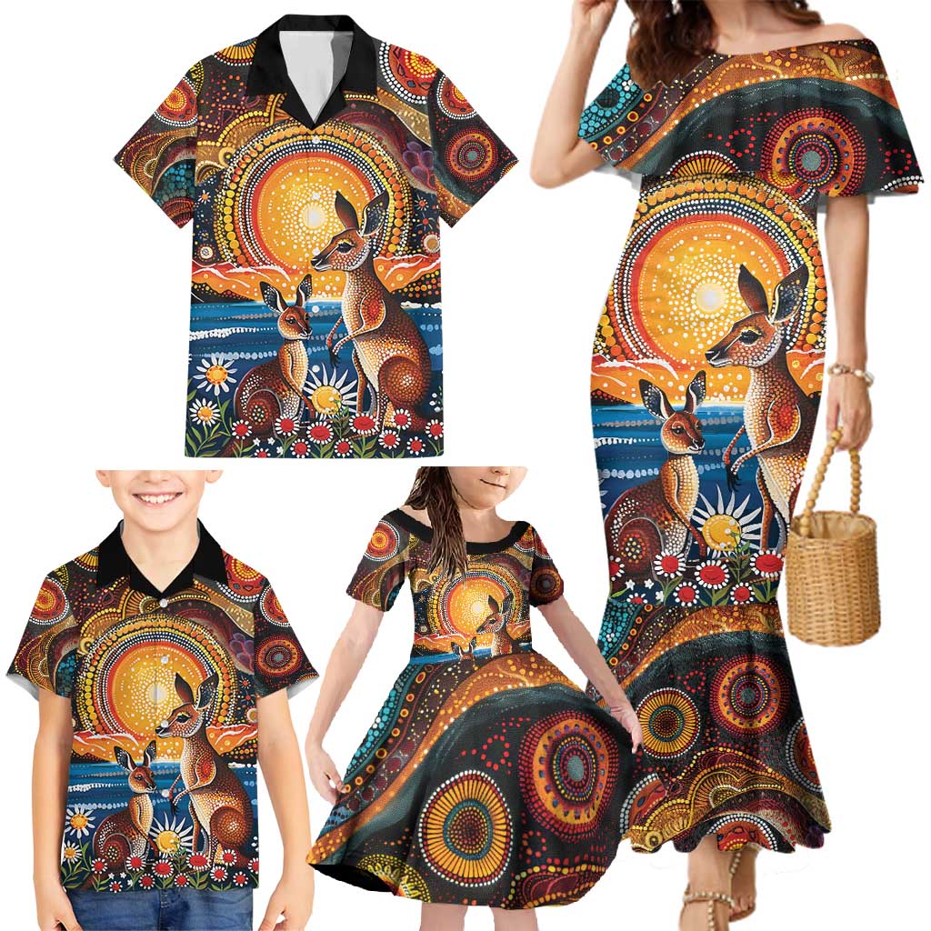 Australian Kangaroos Art Family Matching Mermaid Dress and Hawaiian Shirt Aboriginal Dot Painting