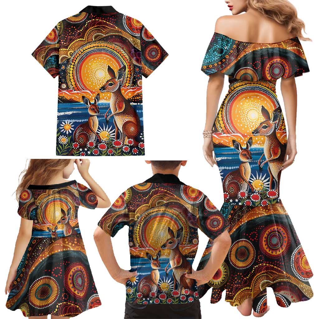 Australian Kangaroos Art Family Matching Mermaid Dress and Hawaiian Shirt Aboriginal Dot Painting