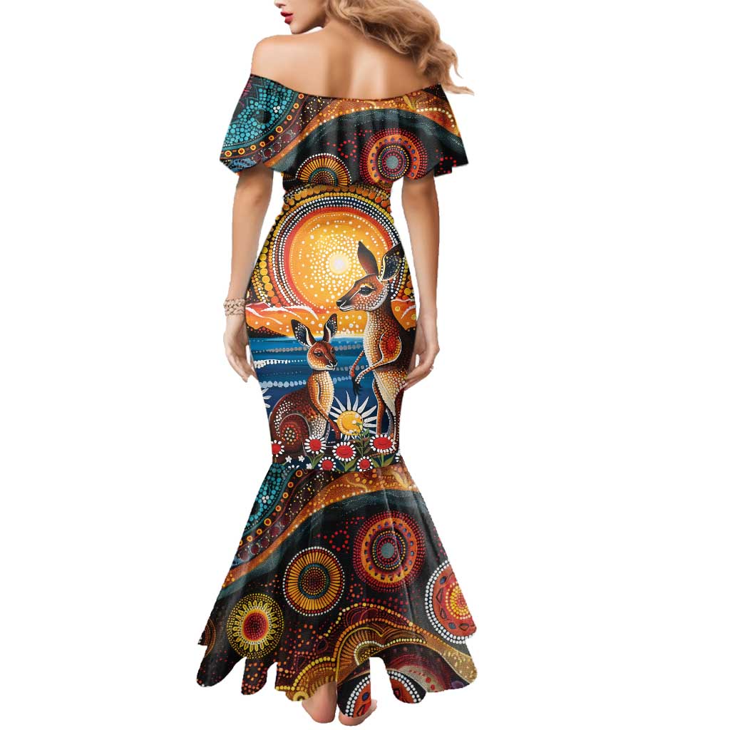 Australian Kangaroos Art Family Matching Mermaid Dress and Hawaiian Shirt Aboriginal Dot Painting