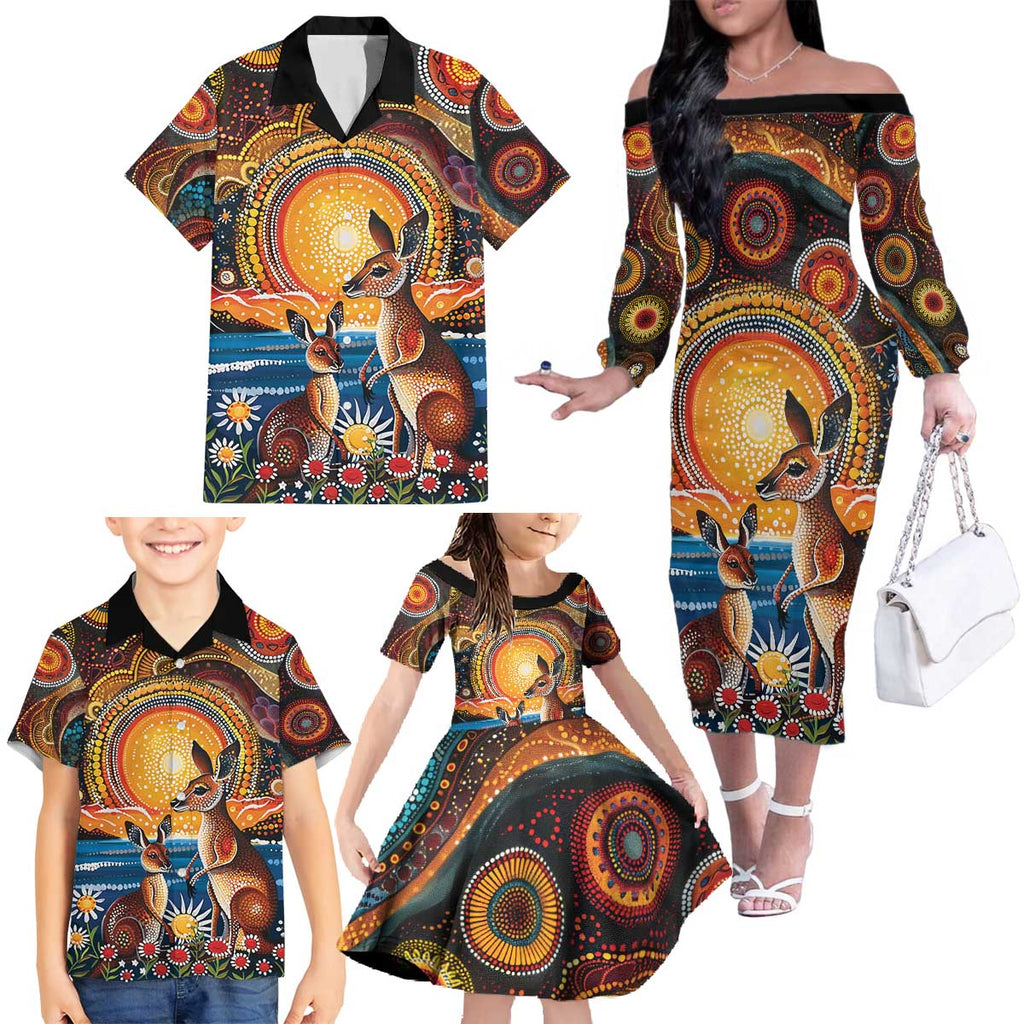 Australian Kangaroos Art Family Matching Off The Shoulder Long Sleeve Dress and Hawaiian Shirt Aboriginal Dot Painting