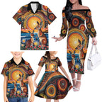 Australian Kangaroos Art Family Matching Off The Shoulder Long Sleeve Dress and Hawaiian Shirt Aboriginal Dot Painting