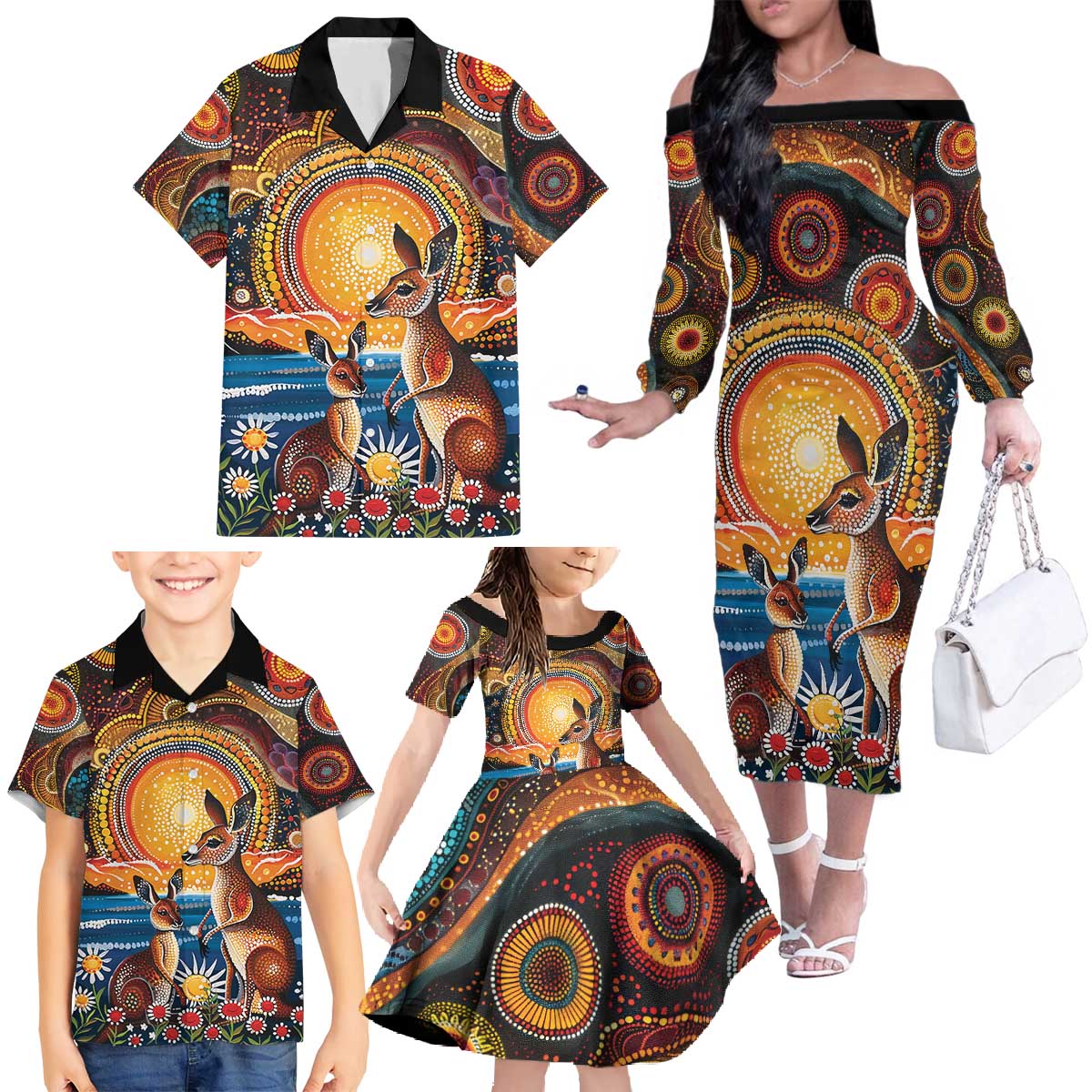 Australian Kangaroos Art Family Matching Off The Shoulder Long Sleeve Dress and Hawaiian Shirt Aboriginal Dot Painting
