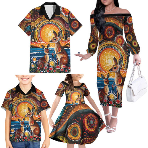 Australian Kangaroos Art Family Matching Off The Shoulder Long Sleeve Dress and Hawaiian Shirt Aboriginal Dot Painting