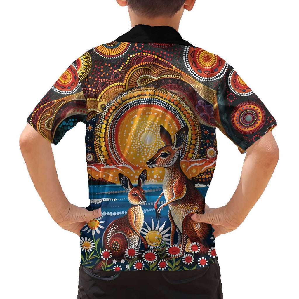 Australian Kangaroos Art Family Matching Off The Shoulder Long Sleeve Dress and Hawaiian Shirt Aboriginal Dot Painting