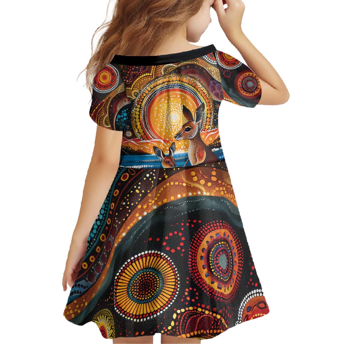 Australian Kangaroos Art Family Matching Off The Shoulder Long Sleeve Dress and Hawaiian Shirt Aboriginal Dot Painting