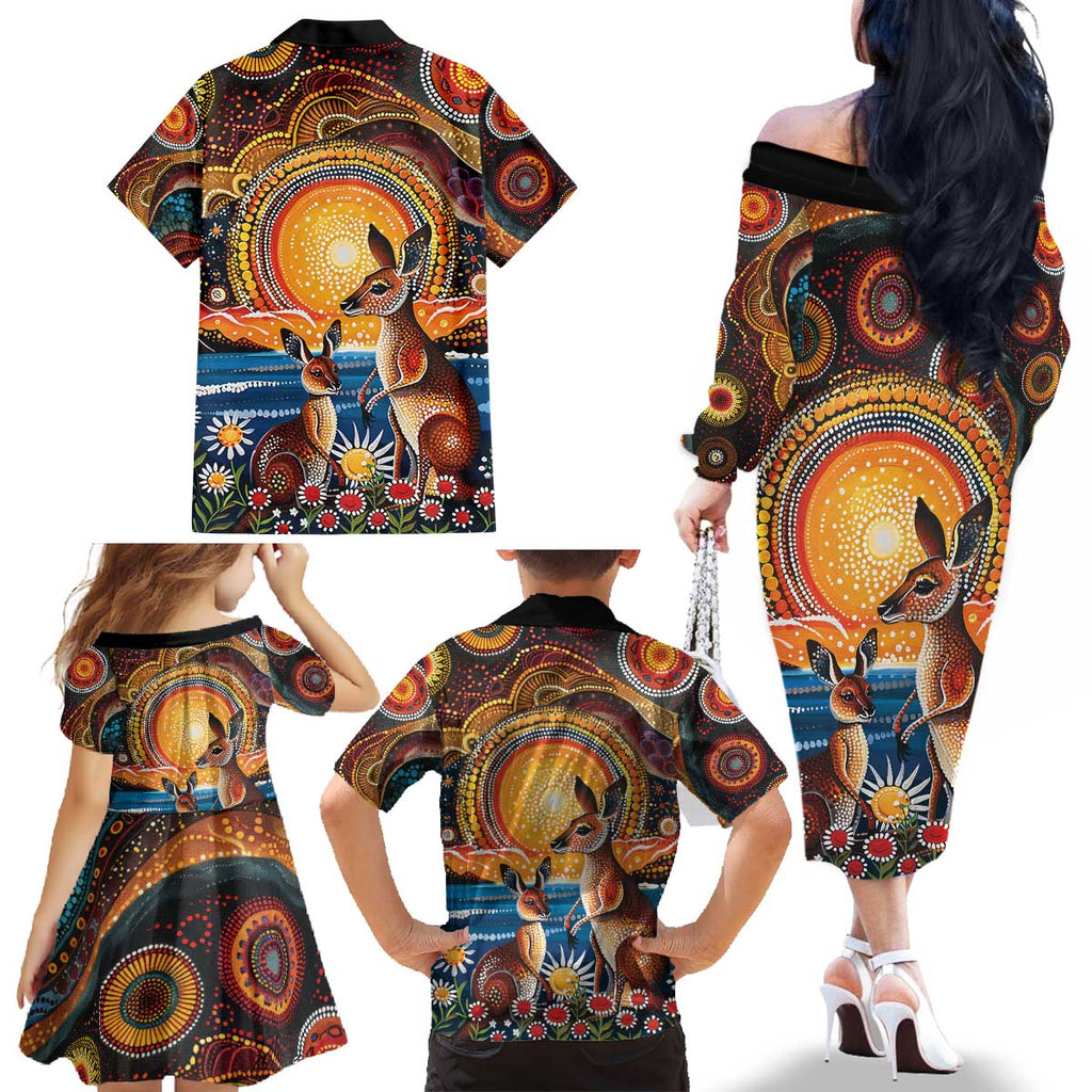 Australian Kangaroos Art Family Matching Off The Shoulder Long Sleeve Dress and Hawaiian Shirt Aboriginal Dot Painting